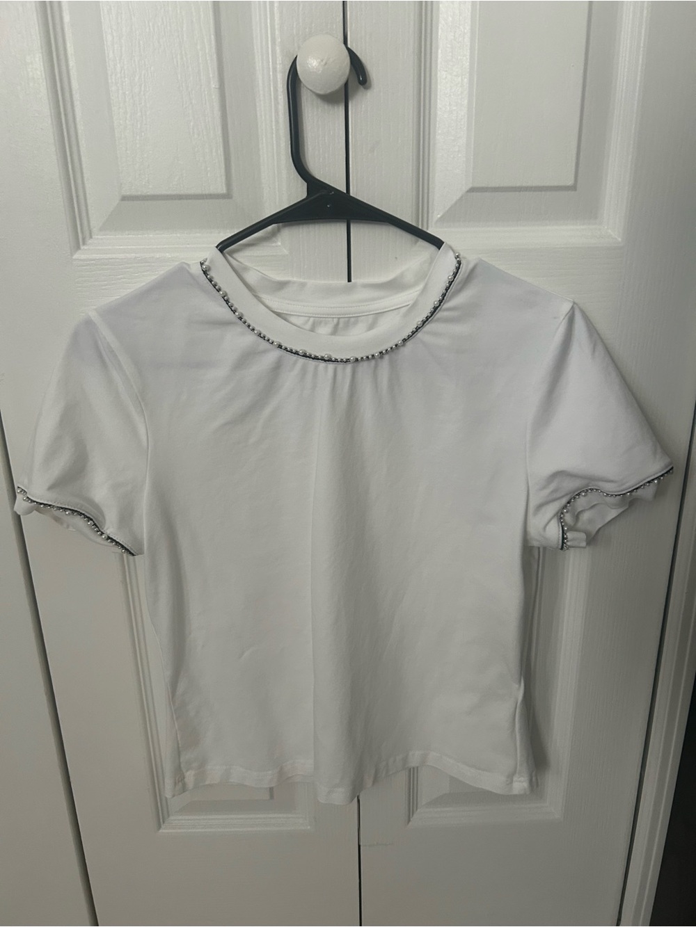 Women’s White Short Sleeve Tee with Beaded Neckline